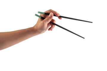 Black chopsticks for rice and hand on a transparent background