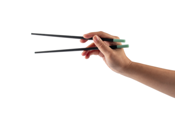 Black chopsticks for rice and hand on a transparent background