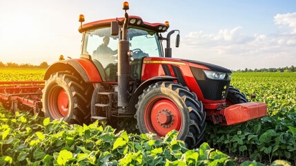  a tractor navigating through a flourishing soybean field, with sunlight casting shadows and...