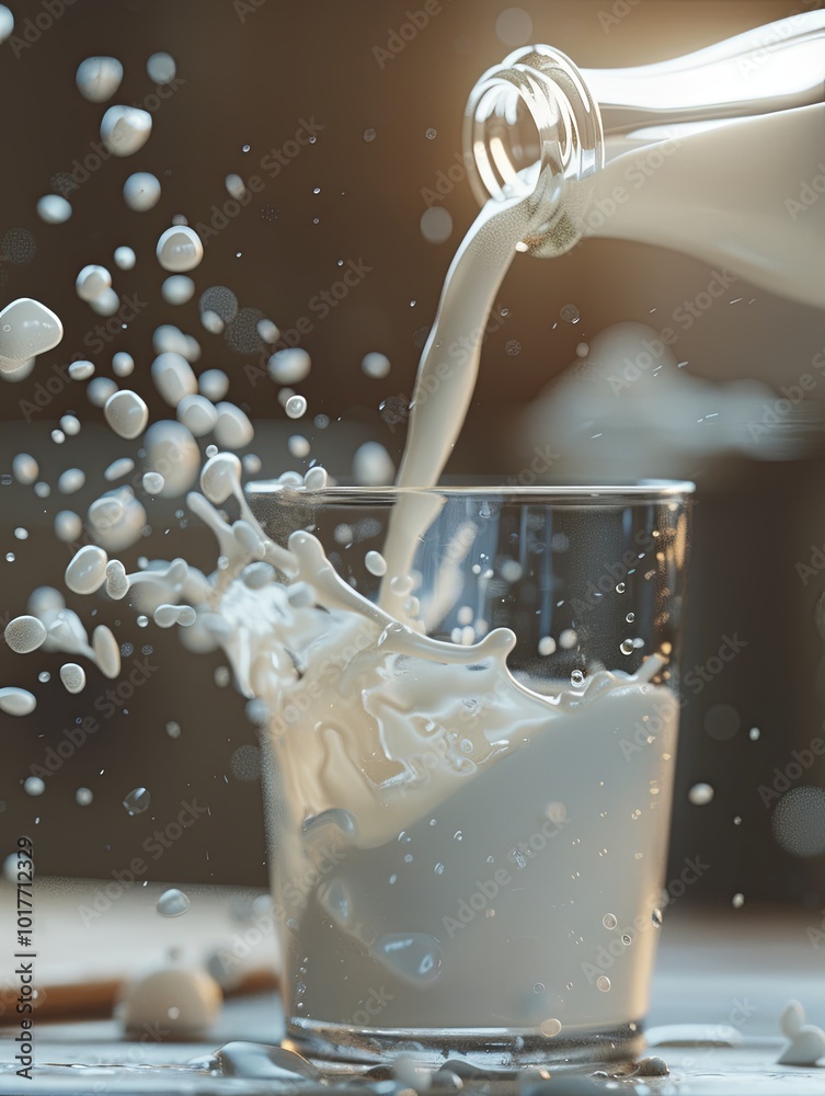 Aufkleber milk is being poured from a bottle into a glass, splashing across a wooden surface with a warm, invi