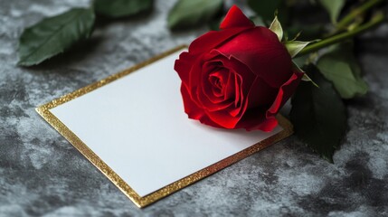 A Single Red Rose Resting on a White Card with a Gold Border