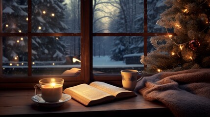 Hot tea, coffee. Winter background with cup of coffee, tea, and book on the window with Christmas tree. Christmas greeting card concept