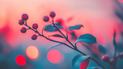 Red Berries on a Branch with a Blurred Pink Background.