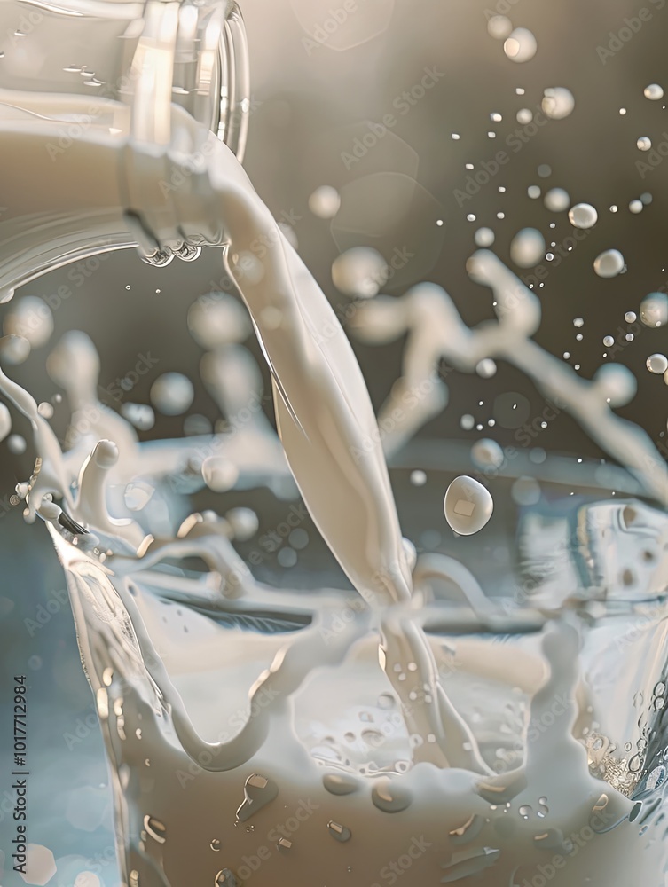 Poster a bottle of milk is being poured into a glass, causing droplets and splashes to form in gentle morni