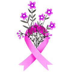 Breast Cancer Awareness. Pink ribbon blossom flower bouquet.  Mammography. Hand drawn greeting card.  Breast Cancer
