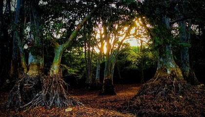sun shining through trees