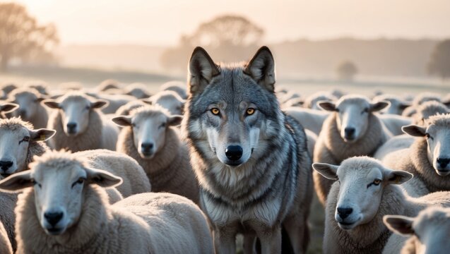Wolf staring intensely at the viewer among a flock of sheep in the evening light.