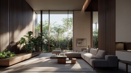 Fototapeta premium A cozy modern living room characterized by its spacious layout and minimalist furniture.