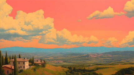 Tuscan Landscape with Pink Sunset and Clouds
