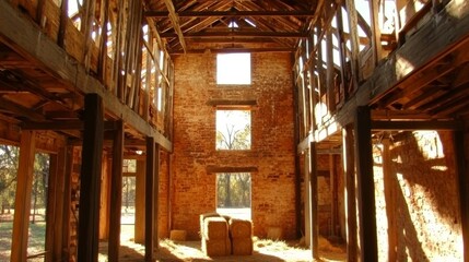 Exploring Abandoned Rustic Architecture with Sunlit Interiors and Historic Charm