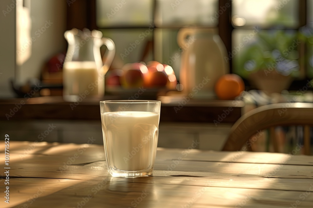 Poster sunlight streams through the windows, illuminating a glass of milk on a wooden table in a cozy kitch