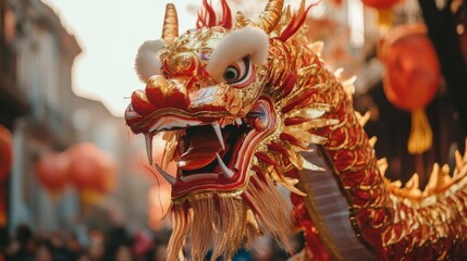 Obraz premium Close-up of a Red and Gold Dragon Costume with Fangs and Whiskers