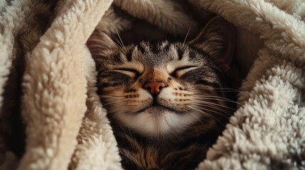Close-up of a smiling cat with a joyful demeanor, surrounded by soft, fluffy bedding