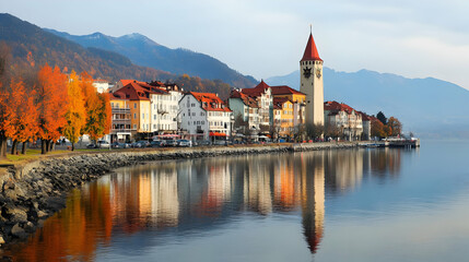 Naklejka premium Picturesque Lakeside Town with Autumnal Colors and Mountain Views.