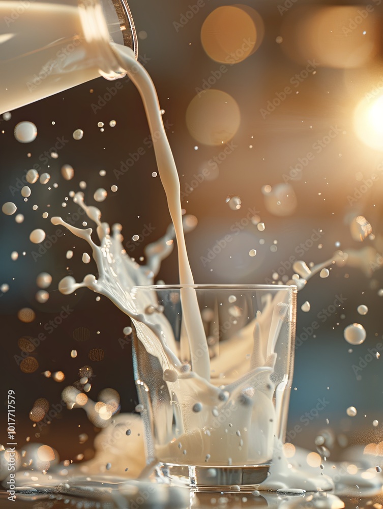 Aufkleber Fresh milk is being poured into a glass, causing a dynamic splash with droplets against a softly lit background. Generative AI