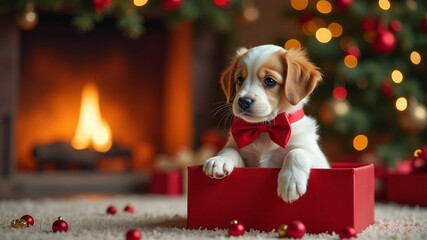 Puppy sits in a gift box under a Christmas tree. Copy space