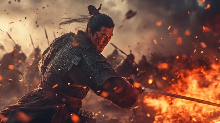 Naklejka premium A Warrior in Battle Amidst Fiery Chaos