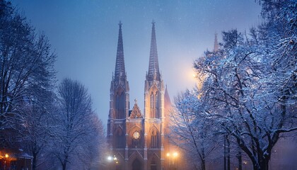 A majestic cathedral in a winter city, with snow gently falling and the church's stained glass windows glowing in the early morning light.