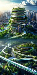 Obraz premium Eco-transportation hub, maglev trains, electric buses, and extensive bicycle networks in a green cityscape