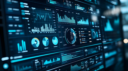 Obraz premium A Close-up View of a Computer Screen Displaying Various Data Visualizations, Including Charts, Graphs, and Pie Charts, with a Blue and Black Color Scheme