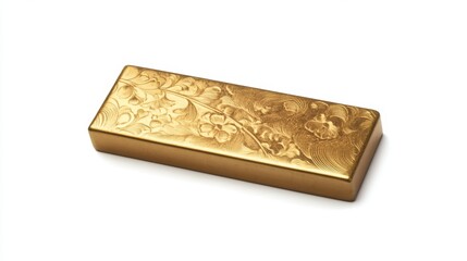 Fototapeta premium Shiny gold bar with a smooth, reflective surface and intricate etchings, displayed on a white background to emphasize its luxurious and sophisticated design