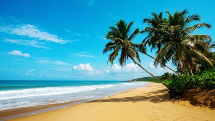 Golden sandy beach with palm trees tropical paradise