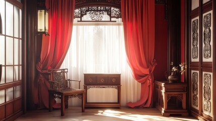 A Tranquil Chinese Room with Intricate Wooden Details and Red Drapes