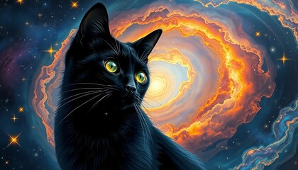A black cat gazes at a vibrant nebula in outer space filled with stars