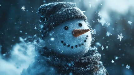 Obraz premium cheerful snowman wearing knitted hat and scarf stands amidst falling snowflakes, creating magical winter scene. soft snowflakes add to enchanting atmosphere