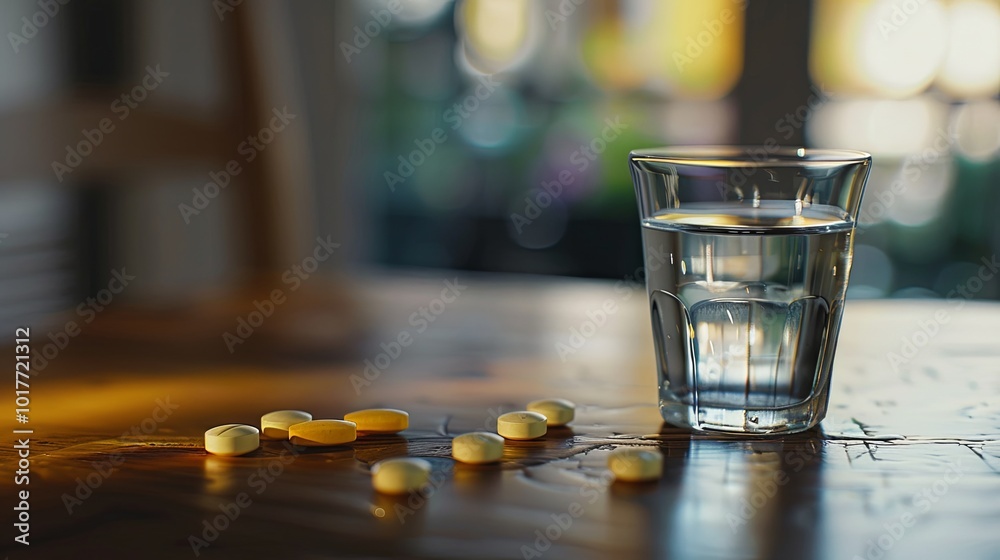 Poster yellow tablets lie scattered around a glass of water, set on a wooden table illuminated by soft afte
