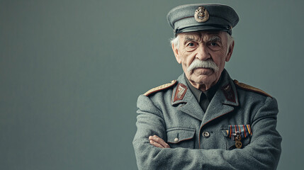 Fototapeta premium An old man in a vintage military uniform, standing proudly against a bright gray background