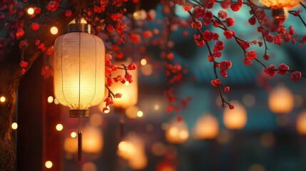 Illuminated Lantern Hanging from a Branch with Red Blossoms