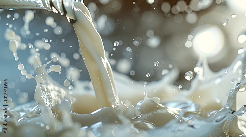 Leinwandbilder a bottle pours milk, creating a cascade of droplets that splash energetically in a bright setting. g