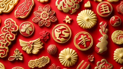 Golden and Red Chinese New Year Decorations on a Red Background