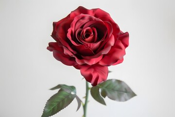 A single, deep red rose with green leaves against a white background.