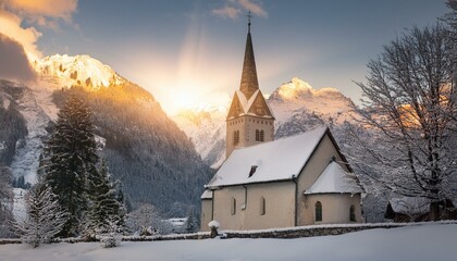 Fototapeta premium A snow-dusted village church standing tall against a backdrop of mountains, with the sun setting and snow gently falling around it.