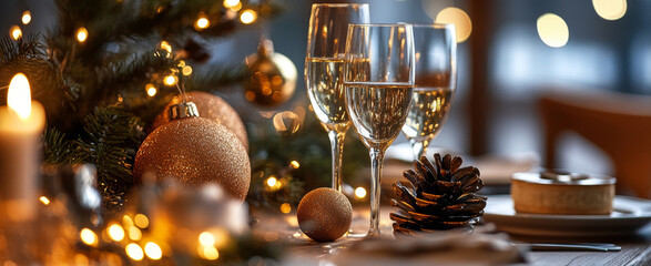 Elegant holiday table setting with sparkling glasses and festive decorations, created for a cozy celebration in winter. Wide web banner.