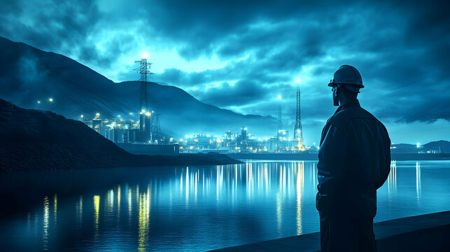 A Silhouette of a Worker Contemplating a Nighttime Industrial Complex