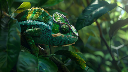 Fototapeta premium Green chameleon blending with leaves in natural habitat