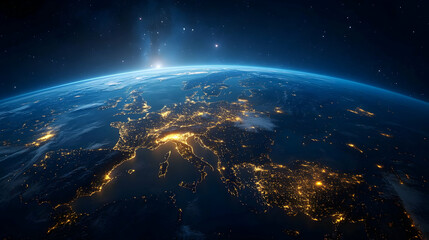 Fototapeta premium A Realistic 3D Rendering of Earth at Night, Featuring the Illuminated Coastline of Europe and the Mediterranean Sea, with a Starry Sky and a Glowing Horizon