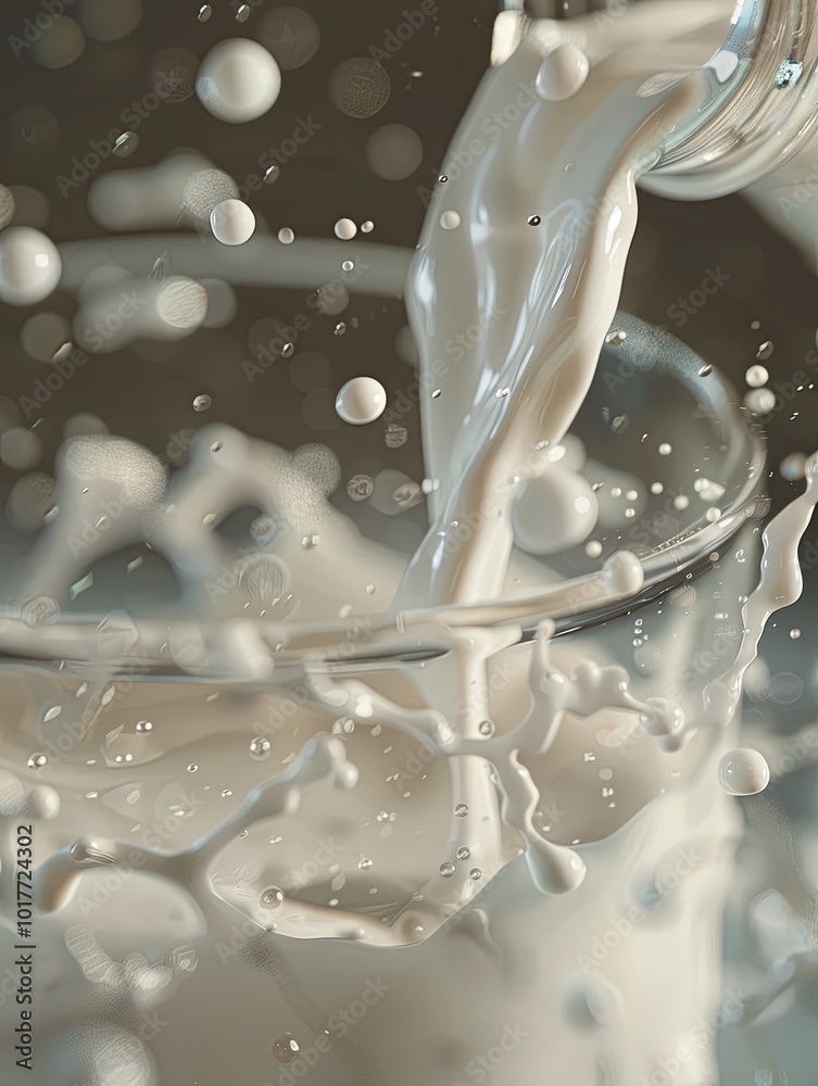 Aufkleber a stream of milk cascades into a glass, causing dramatic splashes and droplets that emphasize freshn