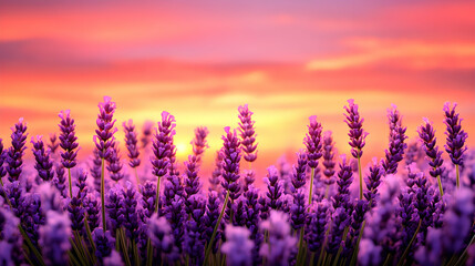 A Vibrant Field of Lavender Blooms Against a Sunset Sky, Capturing the Essence of Tranquility and Beauty