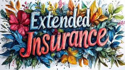 A lively and colorful illustration featuring the phrase 'Extended Insurance' surrounded by lush floral elements, providing vibrant artistic expression.