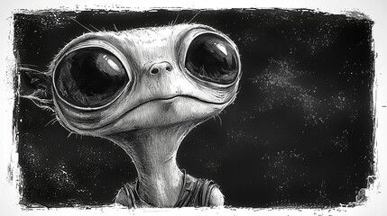A charming, whimsical creature with enormous eyes stares into the infinite black void, evoking curiosity and wonderment in its simplistic, alien-like form.