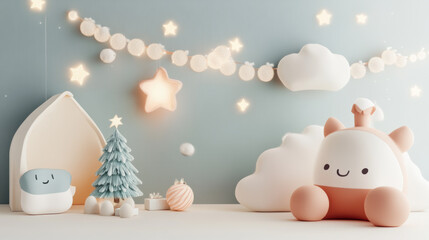Cozy nursery corner with tiny Christmas tree, soft clouds, and playful decorations creating warm and inviting atmosphere. Perfect for childs room