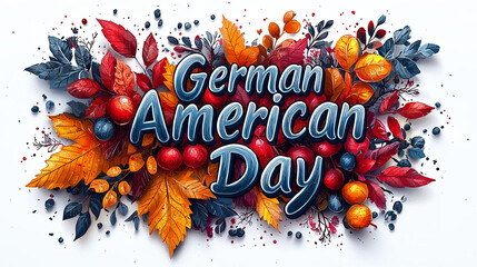 An autumn-themed design for German American Day, featuring colorful fall leaves and berries surrounding the festive event name, conveying a celebratory feel.