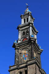 Amsterdam Westerkerk Church Tower with Bright Blue Sky, Netherlands