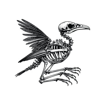 Black and white line art vector illustration of a bird skeleton, hand drawn style