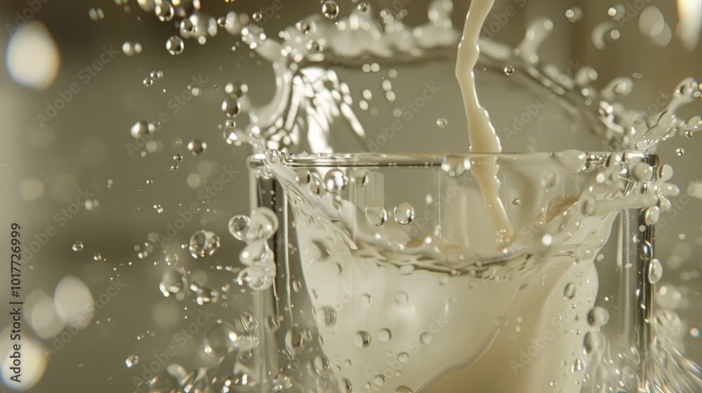 Poster fresh milk pours into a glass, creating dynamic splashes and bubbles, capturing the essence of movem
