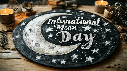 An inviting artwork captures a festive moon-themed object on a rustic table setting, highlighted with the phrase 'International Moon Day,' embracing lunar charm.